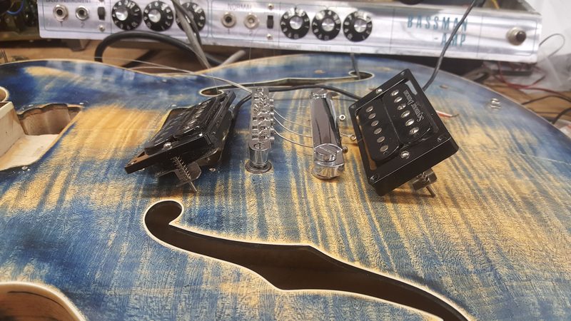 Seymour Duncan humbucker pickup installation on a semi-hollow guitar at our Cincinnati bench